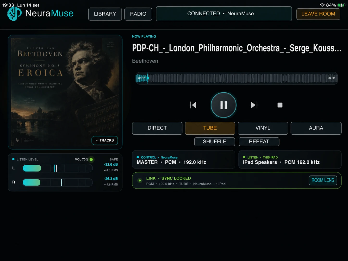 NeuraMuse for iPad transport and LINK listening view