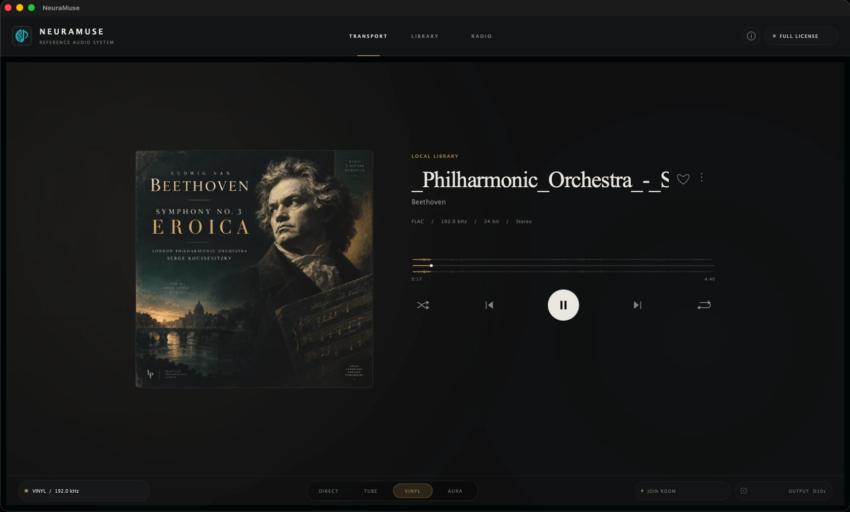 Current NeuraMuse VINYL playback showing FLAC 192.0 kHz and VINYL 192.0 kHz output